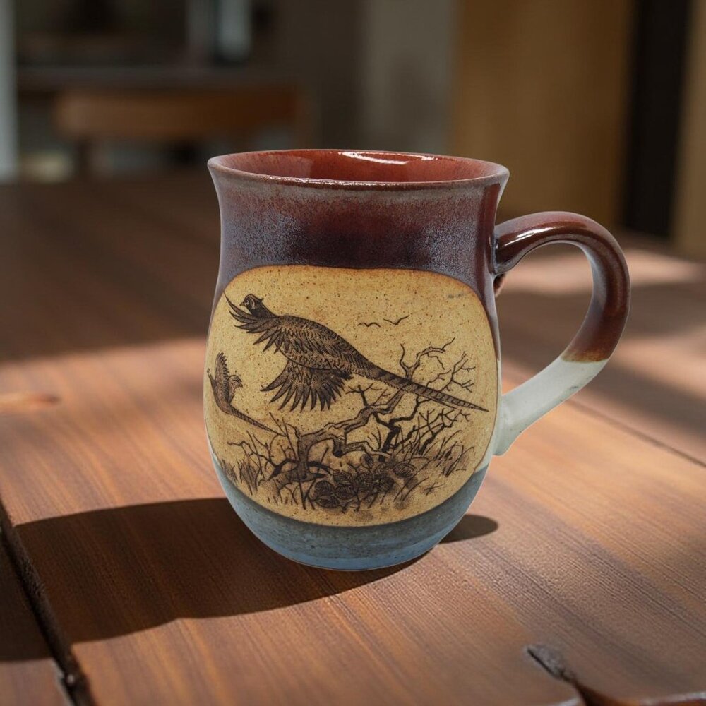 Vintage Handcrafted Ceramic Mug With Bird Design - Rustic Red & Blue Tones - Uni